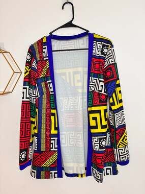 Multicolor Geometric Greek Key Print Open Front Long Sleeve Cardigan Size M
